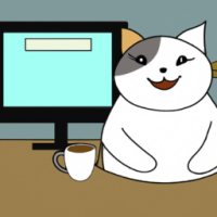 fat cat sitting infront of computer with smile and coffee on the table