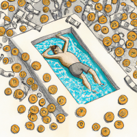 a man lies carefree in a swimming pool full of dollar bills and coins