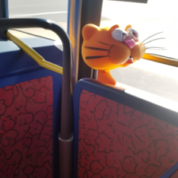 Garfield driving on a bus